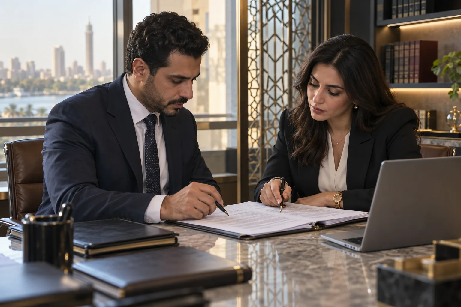 محاميان مصريان يراجعان بنود عقد تجاري