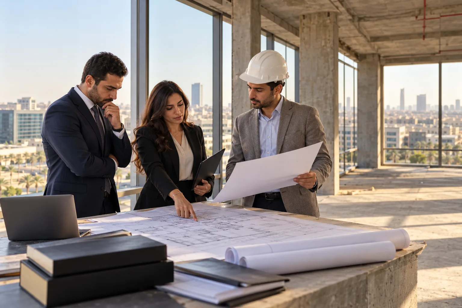 محامية ومستثمر ومهندس يفحصون مستندات عقار تجاري في مصر